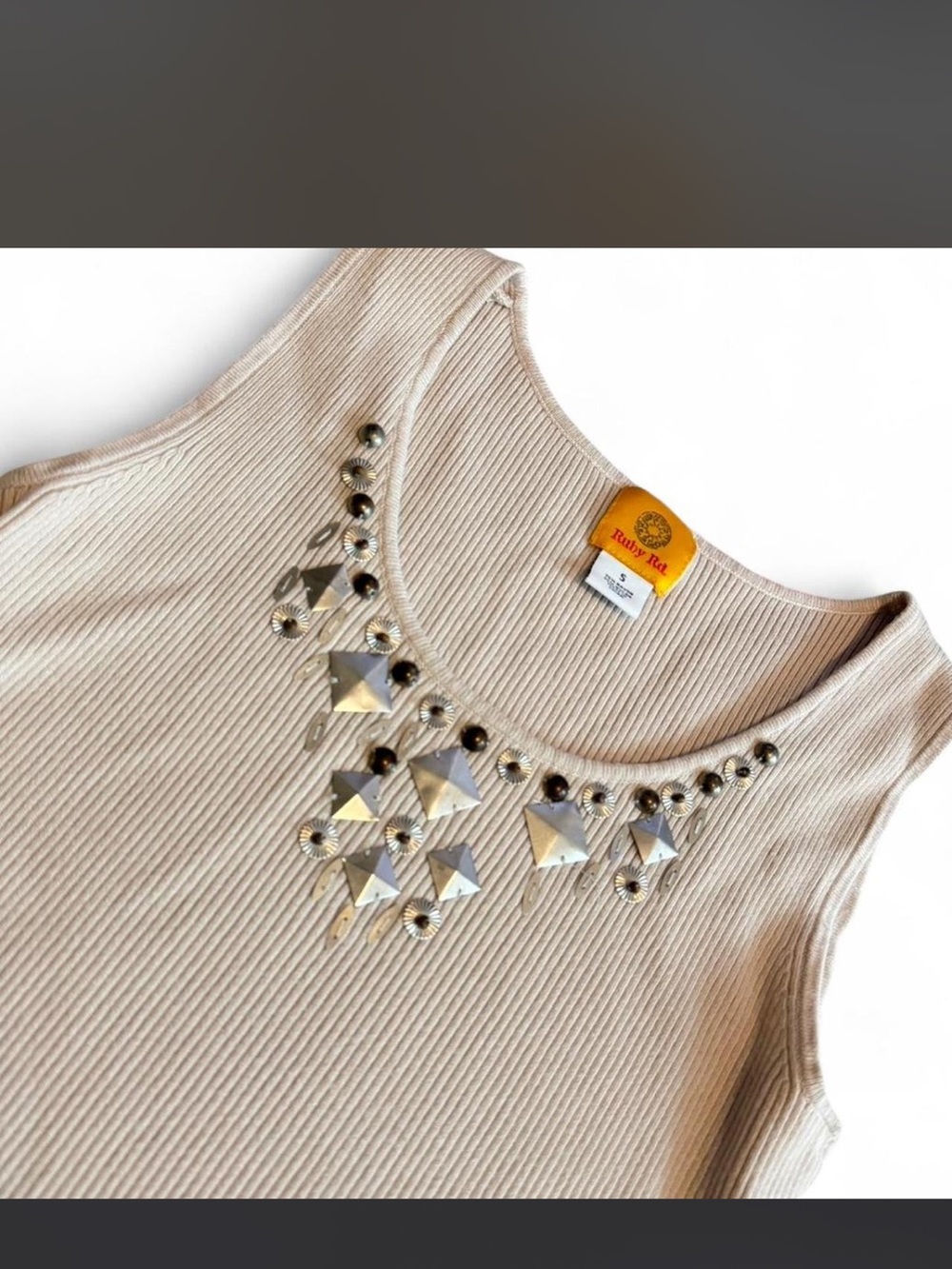Ruby Rd. Beige Ribbed Tank with Metallic Geometric Embellishments - Picture 2 of 2